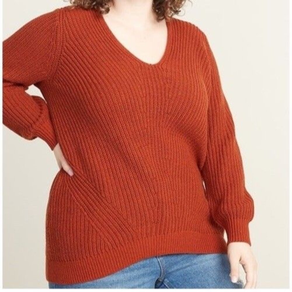 Old Navy Shaker Stitch Sweater V-Neck Pullover Thick Orange Knit Womens XXL Top